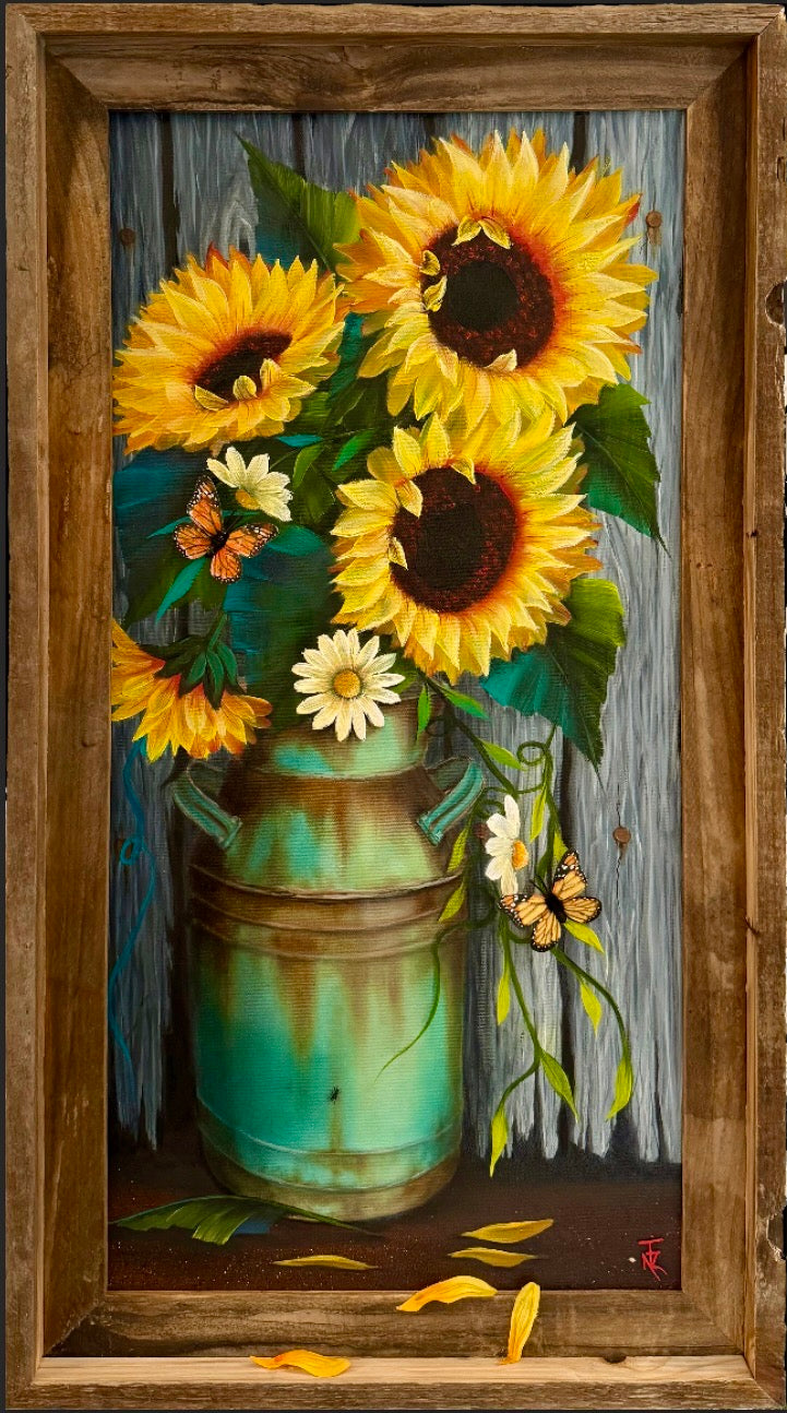 Sunflowers in a Milk Can - 3D Elements + Framed